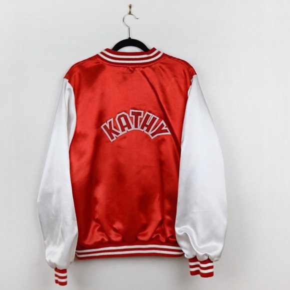 Vintage Kathy K Alphabet Varsity Red and White Satin Zip Up Bomber Jacket - Picture 2 of 5